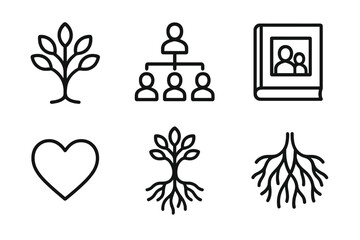 Naklejka na ściany i meble Family Tree Icons. Outline icon set of family tree: tree, branches, leaves, family members, photo frame, genealogy book, heart, roots. Line icons in only black Naklejka na ściany i meble Family Tree Icons. Outline icon set of family tree: tree, branches, leaves, family members, photo frame, genealogy book, heart, roots. Line icons in only black