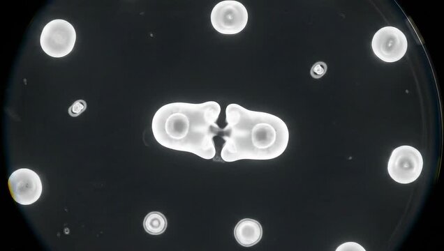 A petri dish shows a fascinating arrangement of bacterial colonies, their circular forms and varied sizes creating an abstract composition against a dark background.