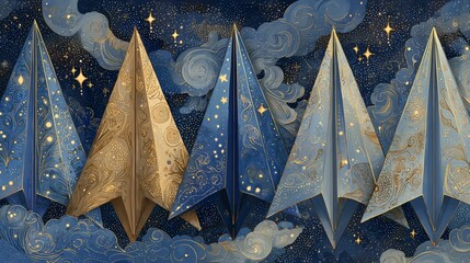Ornate paper airplanes in celestial scene, golden details, night sky backdrop