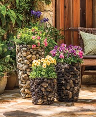 Three decorative planters, filled with colorful flowers and stones, sit on a patio, adding a touch of natural beauty to the outdoor space.