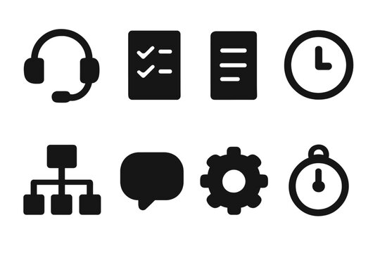 Customer Service Icons. Solid, filled icon set of customer service workflow: headset, checklist, document, clock, flowchart, chat bubble, gear, timer. [Line