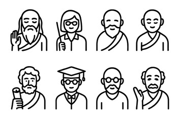 Fototapeta premium Wise People Icons. Outline icon set of wise people: sage, teacher, elder, monk, philosopher, scholar, mentor, storyteller. Line icons in only black color,