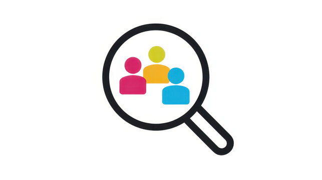 Magnifying glass icon finding diverse individuals, symbolizing recruitment, talent search, human resources, target audience research, and discovering new market segments