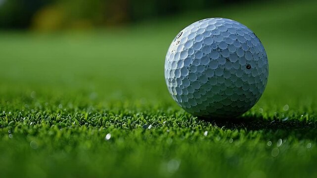 Golf Ball on Lush Green: A Close-Up View of a Dew-Kissed Golf Ball Resting on a Vibrant Green Putting Surface.