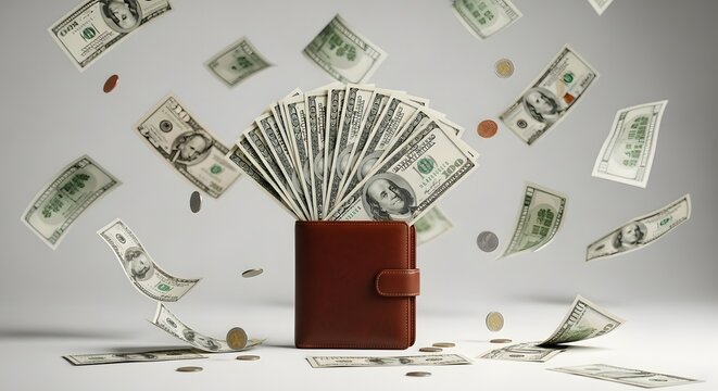 A brown leather wallet overflowing with US dollar bills, with more money and coins scattered around and falling from above.