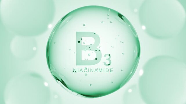 Vitamin B3 niacinamide. Niacin drop pill capsule. B 3 Nicotinamide bubble abstract 3D background