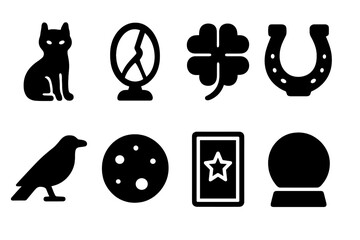 Omen Symbols Icons. Solid, filled icon set of omen symbols: black cat, broken mirror, four-leaf clover, horseshoe, crow, full moon, tarot card, crystal ball.