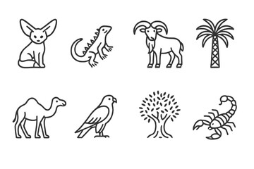 Fototapeta premium Libyan Wildlife Icons. Outline icon set of Libyan wildlife: Fennec fox, Desert lizard, Barbary sheep, Date palm, Sahara camel, Falcon, Olive tree, Scorpion.
