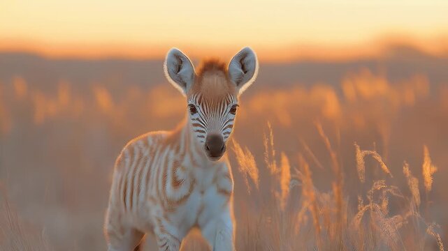 Golden Zebra Foal: A Whimsical Journey Through Sunlit Savannah Grasslands