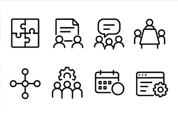 Collaboration Icon Set. Outline icon set of collaboration: puzzle pieces, shared document, group chat, meeting table, network nodes, teamwork, shared calendar,