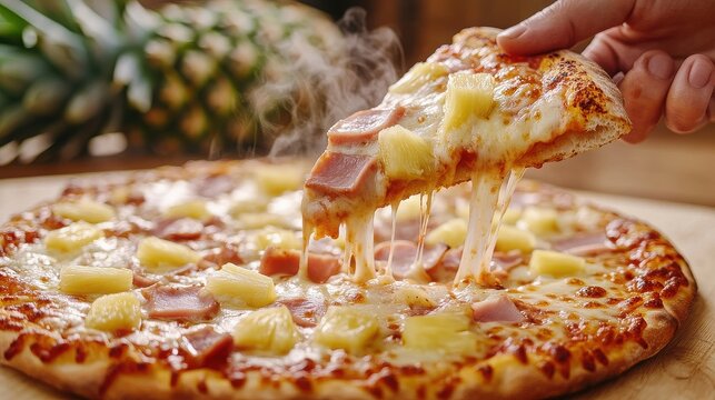 A hand pulling a slice of hot pizza with pineapple and ham with a full pizza and pineapple in background