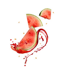 Fresh watermelon slices with juice splash isolated on white background