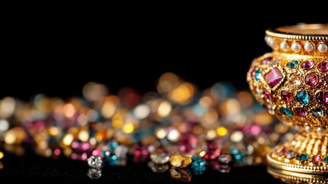 Decorative candle holder with jewels and pearls against a black background