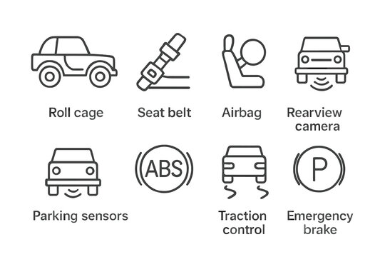 Jeep Safety Features Icons. Outline icon set of jeep safety features: roll cage, seat belt, airbags, rearview camera, parking sensors, ABS, traction control,