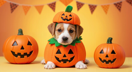 Puppy with an adorable pumpkin costume, surrounded by festive Halloween decorations and pumpkins. Cute dog portrait for holiday greeting card.