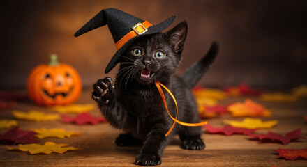 Cute black kitten wearing a witch hat and playing among fall leaves and a pumpkin for Halloween celebration.