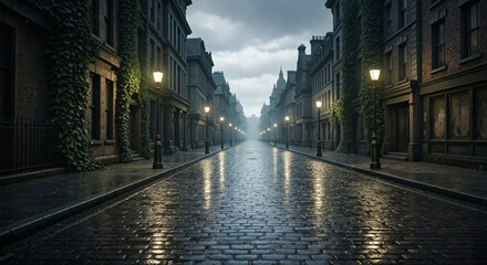 Empty cobblestone street lined with old buildings and lighted lampposts on a gloomy, overcast day. Halloween. Urban atmosphere.