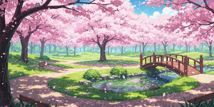 Park with pink cherry blossom trees and a small wooden bridge over a pond, an anime style spring landscape drawing illustration for background.