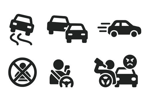 Reckless Driving Icons. Solid, filled icon set of reckless driving: drifting car, overtaking, speeding, no seatbelt, phone driving, drunk driving, reckless