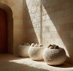 Three textured, light beige stone bowls, filled with smaller stones, sit in a sun-drenched hallway, illuminated by natural light filtering through a window.