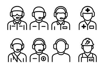 Helicopter Crew Icons. Outline icon set of helicopter crew: pilot, co-pilot, flight engineer, medic, rescue operator, navigator, ground crew, maintenance