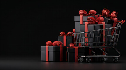 Black shopping cart, realistic gift boxes with red ribbon, dark background podium, and Black Friday sale promotion.flyers, cards, banners, posters, advertising, and 3D rendering 