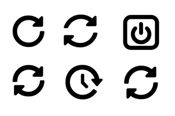 Obraz premium Refresh Icon Set. Solid, filled icon set of refresh and reboot: reload symbol, circular arrow, restart button, sync icon, power cycle, reset switch, update