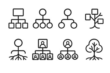 Fototapeta premium Family Tree Icons. Outline icon set of family tree chart: hierarchy, branches, nodes, circles, photo frames, lines, tree, roots. Line icons in only black