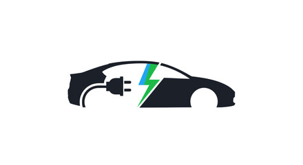 Electric vehicle charging concept with cable and lightning bolt symbol on automobile silhouette