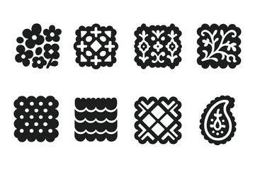 Lace Icon Grid. Solid, filled icon set of lace patterns for textiles: floral motif, geometric shapes, arabesque, vines, dots pattern, scallops, lattice,