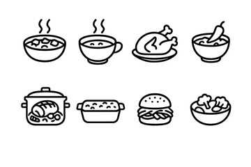 Fototapeta premium Slow Cooker Icon Set. Outline icon set of slow cooker meals: stew, soup bowl, roast chicken, chili, pot roast, casserole, pulled pork, vegetable medley. Line