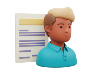 3D cartoon character with document isolated PNG, friendly person with business report for presentation and design use