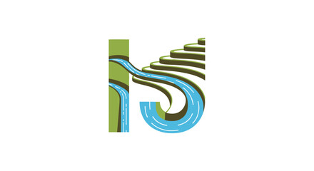 Abstract isometric landscape illustration showcasing terraced hills and a winding stream