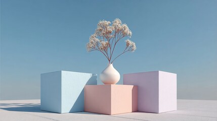 Pastel cubes support vase with white flowers, set against clear sky