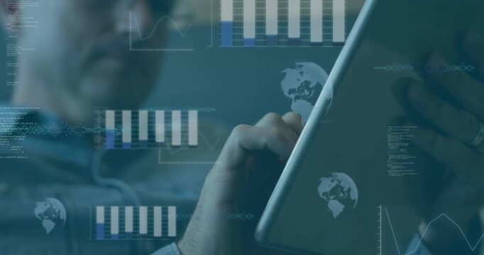 Analyst tapping swiping tablet analyzing tech data, chart filling globes shifting code streaming
