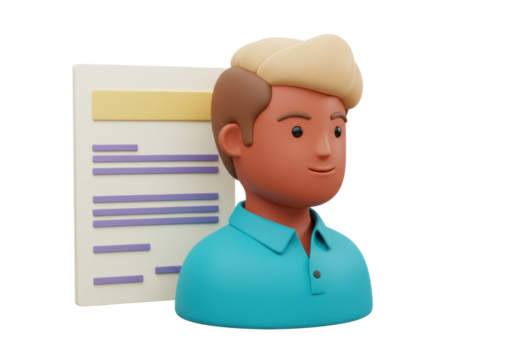 3D cartoon character with document isolated PNG, friendly person with business report for presentation and design use