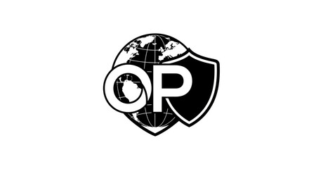 Monochrome logo depicting global network protection, featuring globe, shield, and letters OP