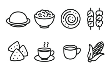 Kenyan Food Icons. Outline icon set of Kenyan food: Ugali, Sukuma wiki (collard greens), Nyama choma (grilled meat), Chapati, Mandazi, Kenyan tea, Matoke
