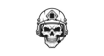 Detailed monochrome illustration of a skull wearing a modern tactical helmet with a microphone