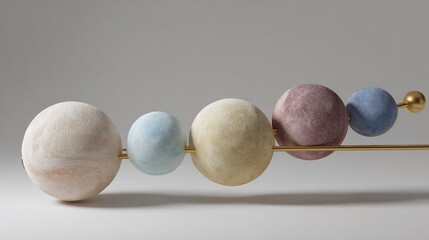 Pastel orbs artfully arranged on a golden rod. Subtle textures and hues. Minimalist
