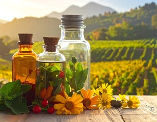 Herbal remedies on wooden table, vineyard backdrop