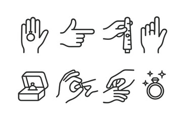Obraz premium Ring Gesture Icons. Outline icon set of ring gestures: hand with ring, finger pointing, ring exchange, finger measurement, ring on display, removing ring,