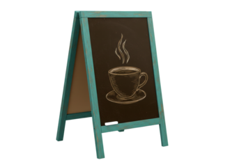 Turquoise A-frame chalkboard sign with coffee cup drawing isolated, sandwich board for cafe menu and advertising