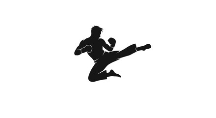 Silhouette illustration of a muscular kickboxer performing a dynamic kick on white background