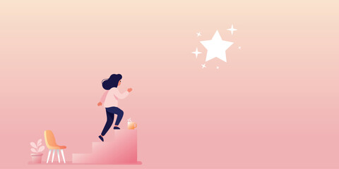Girl Climbing Stairs to Star: Ambition and Success Concept illustration scene