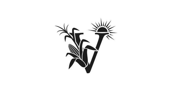 Elegant letter V logo adorned with corn and a rising sun creating a unique emblem