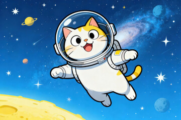 Cartoon cat in a space suit joyfully floating in outer space with stars, planets, and a galaxy in the background near the moon