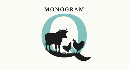 Letter Q monogram logo design featuring a cow and chickens for farm branding