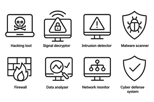 Electronic Warfare Icons. Outline icon set of electronic warfare software tools: hacking tool, signal decryptor, intrusion detector, malware scanner, firewall,