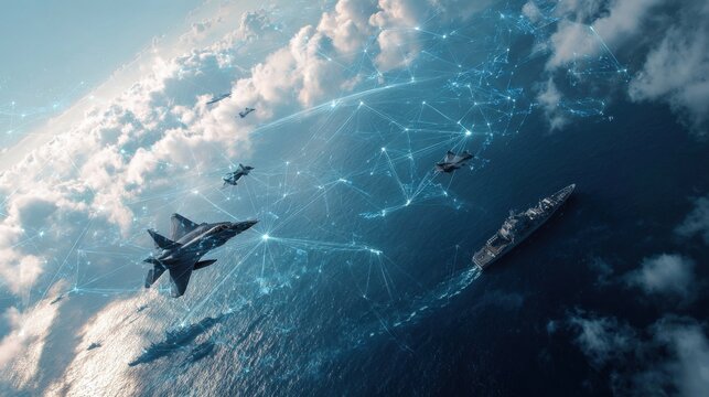 Dramatic aerial view of fighter jets flying over a futuristic cityscape.